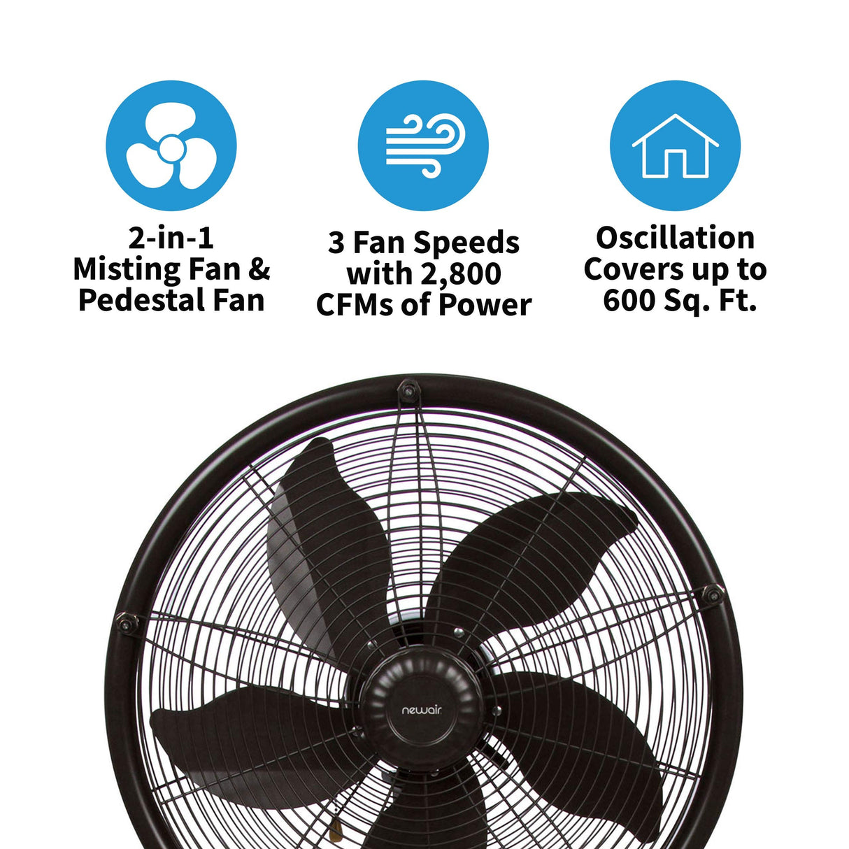NewAir Outdoor Patio Misting Fan | 2-in-1 Outdoor Deck & Mister Fan | 5 Gentle Mist Nozzles | Outside Cooling Fan With 600 Square Foot Effective Range | Steel Construction NewAir