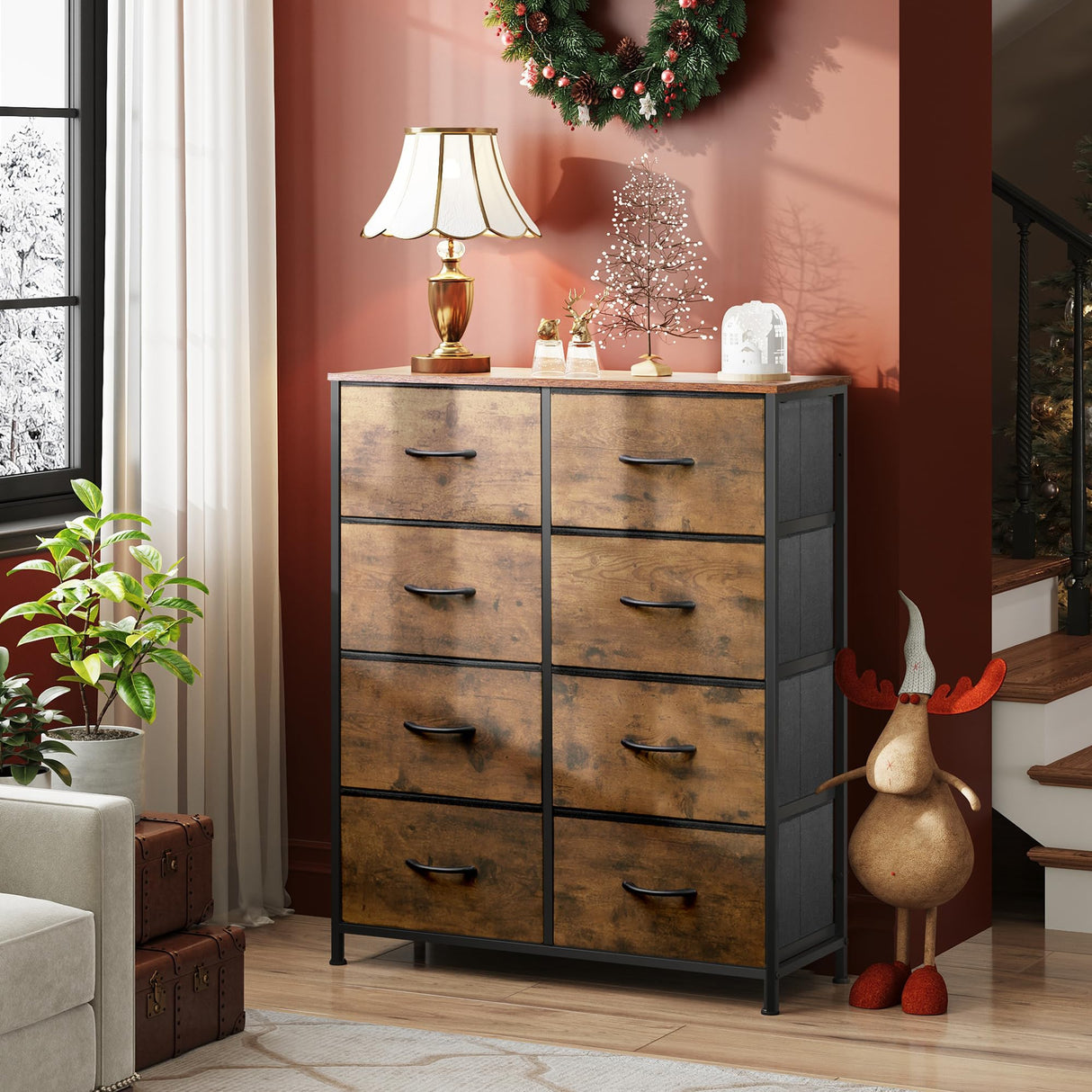 WLIVE Tall Fabric Dresser with 8 Drawers, Storage Tower with Fabric Bins, Double Dresser, Chest of Drawers for Closet, Bedroom, Living Room, Hallway, Dorm, Rustic Brown Wood Grain Print WLIVE