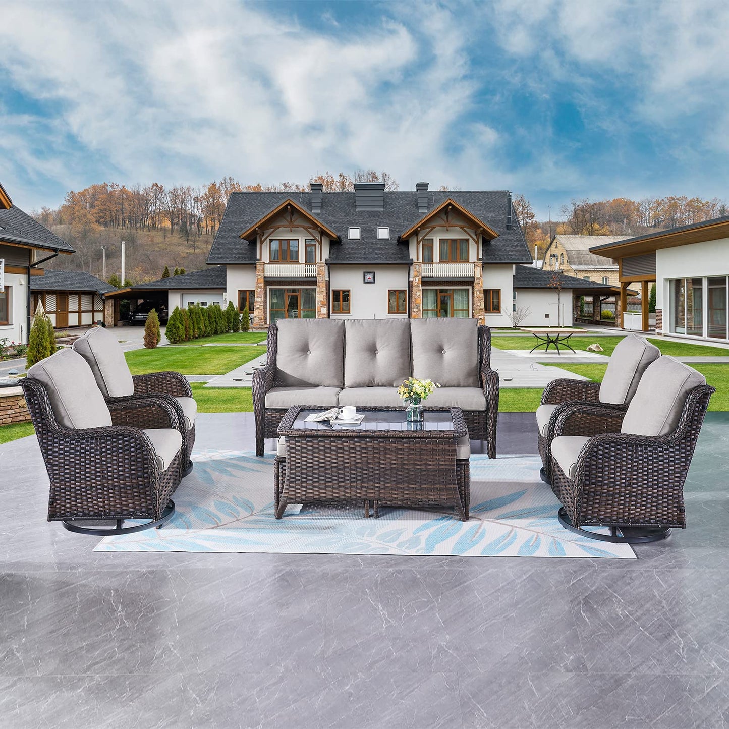 Rilyson Wicker Patio Furniture Set - 8 Piece Rattan Outdoor Sectional Conversation Sets with 4 Swivel Rocking Chairs,2 Ottomans,1 Sofa and 1 Coffee Table for Porch Deck Garden(Brown/Grey)