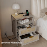 JOONEE Rattan Nightstand with Charging Station,Farmhouse Bedside Table with 2 Storage Drawer and Open Wood Shelf, for Bedroom and Small Spaces,Night Stand with Solid Wood Legs (Grey Oak-Outlet) JOONEE