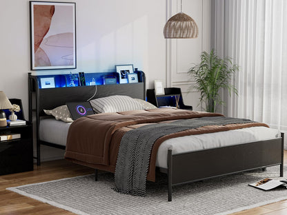 IKIFLY Modern Queen Size Storage Headboard with LED Lights and Charging Station - Black - WoodArtSupply