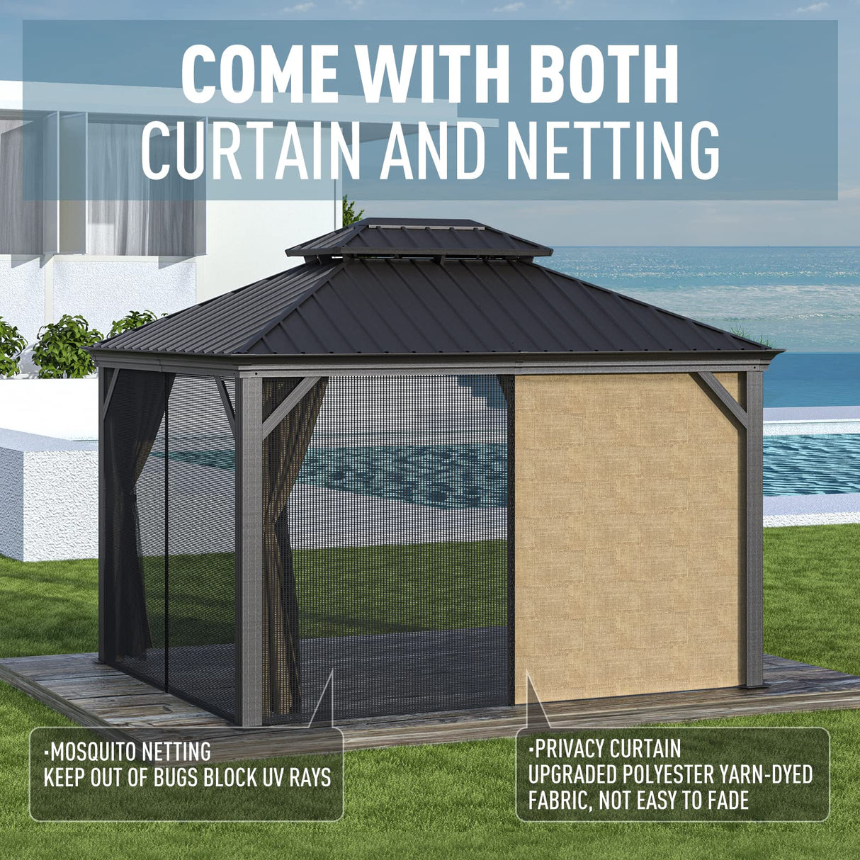 Gazebo 10' x 12' with Mosquito Net and Privacy Sidewalls, Patio Aluminum Permanent Gazebo, All Weatherproof Outdoor Hardtop Metal Gazebos MOWOX POWER
