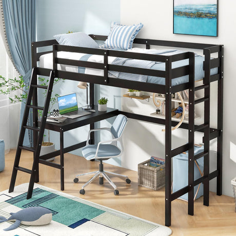 Giantex Twin Size Loft Bed with Desk, Solid Wood Loft Bed with 2 Ladders & Full Length Guardrail, Modern Space-Saving Twin Bed Frame for Kids Teens Adults, No Box Spring Needed (Black) Giantex