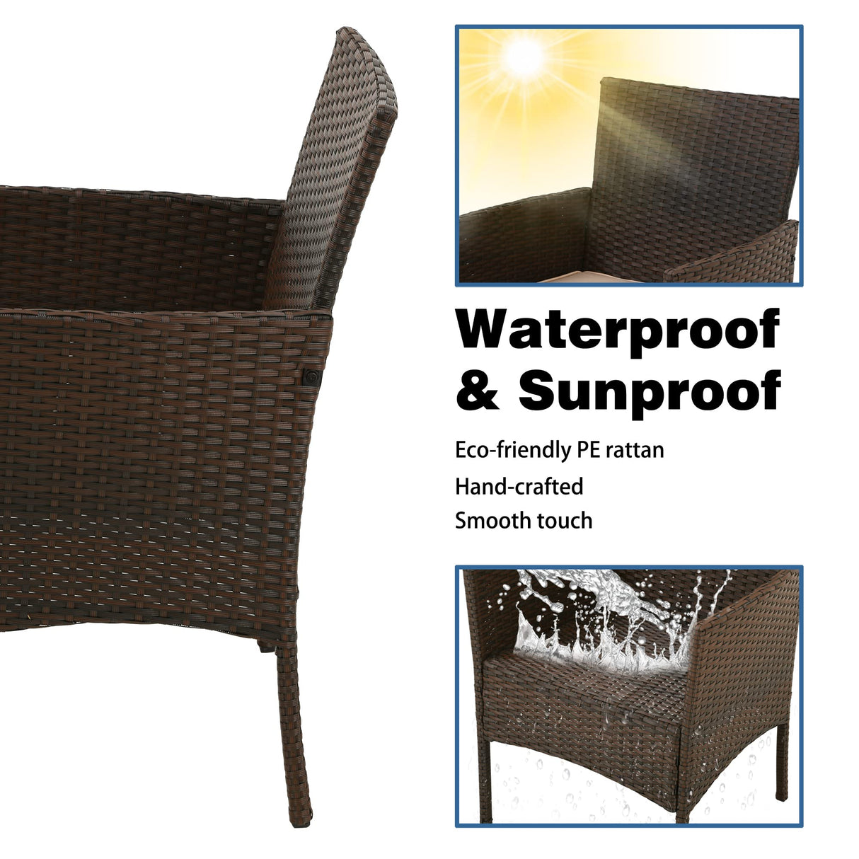 FDW Patio Bistro Conversation Set Wicker Furniture 2 Rattan Chairs Cushions and Glass Coffee Table for Porch Lawn Garden Balcony Backyard, 3 Pieces, Brown and Khaki FDW