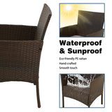 FDW Patio Bistro Conversation Set Wicker Furniture 2 Rattan Chairs Cushions and Glass Coffee Table for Porch Lawn Garden Balcony Backyard, 3 Pieces, Brown and Khaki FDW