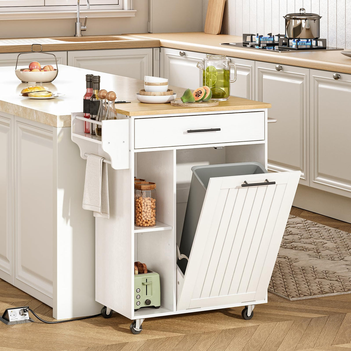 HOOBRO Kitchen Island with Trash Can Storage, Rolling Kitchen Island on Wheels, Kitchen Storage Island with Power Outlet, Mobile Islands Table for 10 Gallon Garbage Bin, White and Natural WN80UZD01 HOOBRO