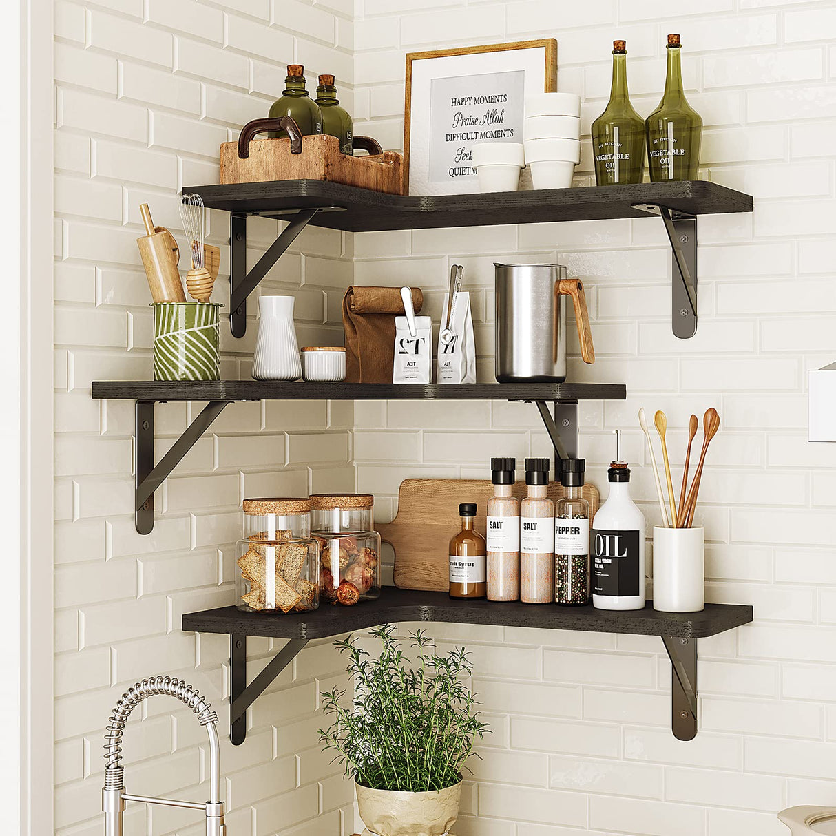 Fixwal Corner Floating Shelves Set of 5, Rustic Wood Wall Mounted Corner Shelf for Bathroom, Kitchen, Bedroom, Home Decor, Laundry Room, Living Room(Black) Fixwal
