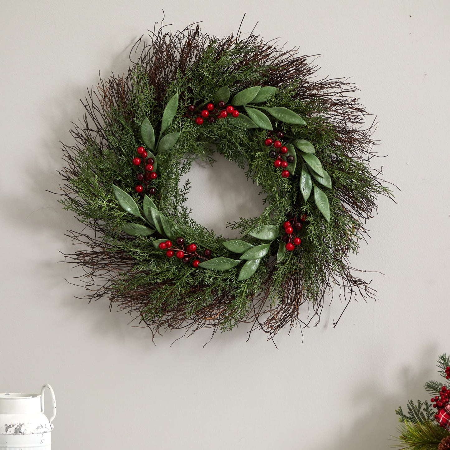 Nearly Natural 20in. Cedar and Ruscus with Berries Artificial Wreath