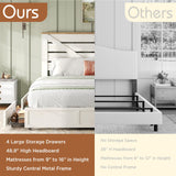 LUXOAK 48.8" H Queen Size Bed Frame with 4 Storage Drawers, Farmhouse Platform Bed with Barn Door Headboard, Rustic Wood Grain, No Box Spring Needed, Rustic White LUXOAK