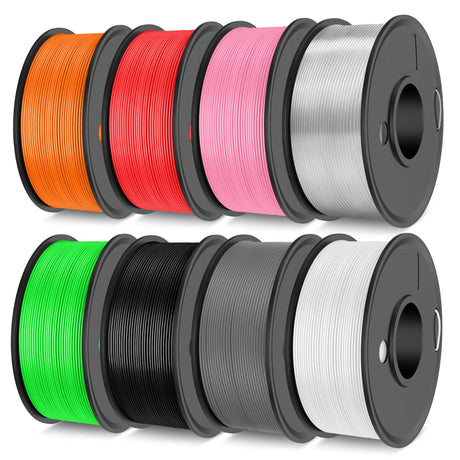 TECBEARS PLA 3D Printer Filament Pack, 250g PLA Filament 1.75mm, 0.25kg Each Spool, Total 2kg, 8 Packs, Black+White+Green+Transparent+Grey+Orange+Pink+Red TECBEARS