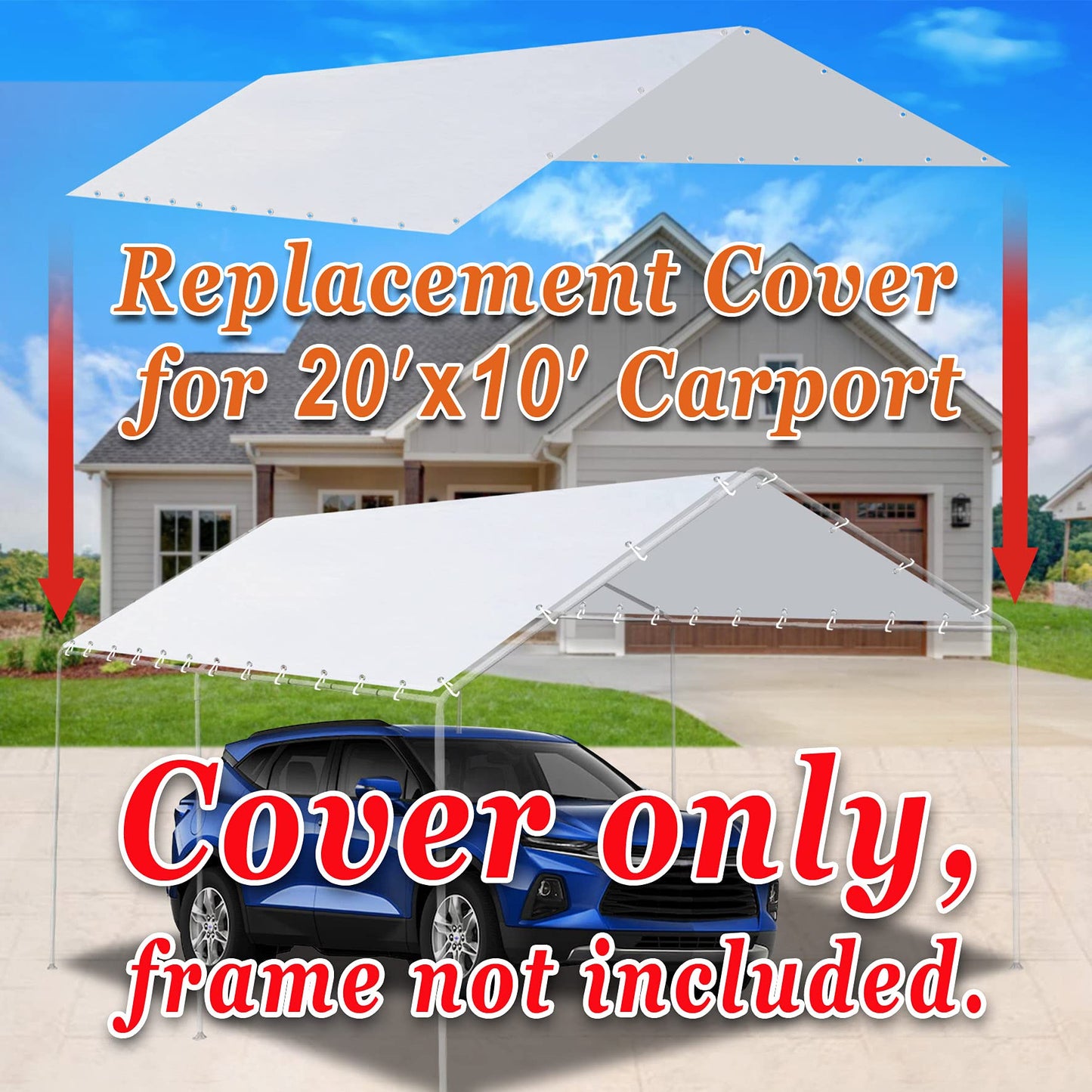 Strong Camel Carport Conopy Cover 10'x20' Replacement for Car Tent Outdoor Top Garage Shelter with Ball Bungees,Without Edge,White(Only Cover, Frame - WoodArtSupply