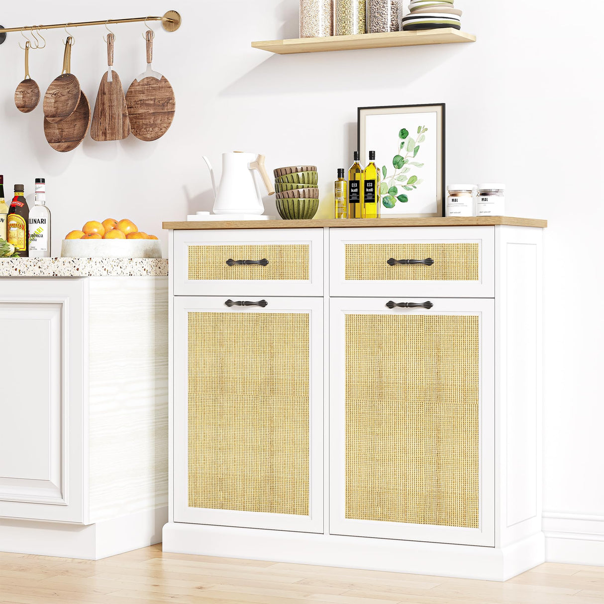 IDEALHOUSE Double Tilt Out Trash Cabinet with Natural Rattan, Hidden Trash Can Cabinet 10 Gallon Storage Holder, Freestanding Garbage Bin Cabinet for Kitchen Dining Living Room IDEALHOUSE