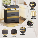 Nightstand with Charging Station and LED Lights, Night Stand with 2 Drawers, Wood Smart Bedside Table, Modern Bed Side Table for Bedroom, Grey QPLZF