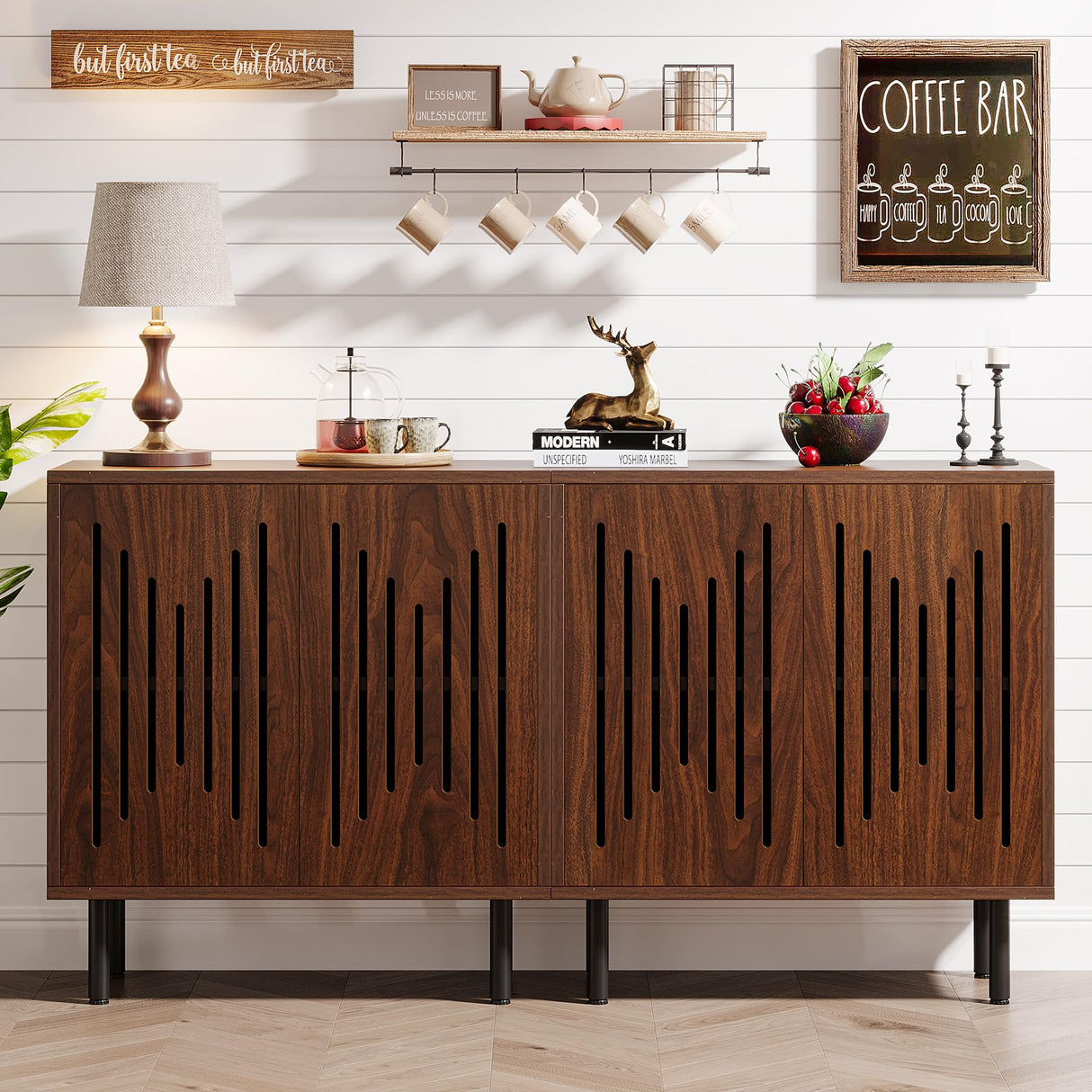 Tribesigns Set of 2 Sideboard Buffet with Storage, 59" Buffet Sideboard Cabinet with Adjustable Shelves, Accent Storage Cabinet for Living Room, Dark Brown Tribesigns