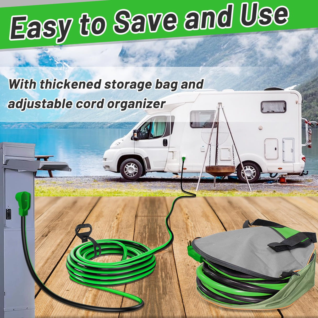 RVPLAN 25 FT 50 Amp RV/EV Extension Cord Outdoor Waterproof,4 Prong Flexible Heavy Duty STW RV Power Cord,NEMA 14-50P/R Standard Plug Suit for EV Charging and RV Trailer Campers, Black-Green,ETL RVPLAN