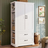 IRONCK Armoire Wardrobe Closet, 70.87" H Wooden Bedroom Armoire with 2 Louvered Doors, 2 Drawers and Shelves, Large Freestanding Clothing Storage Cabinet, White IRONCK