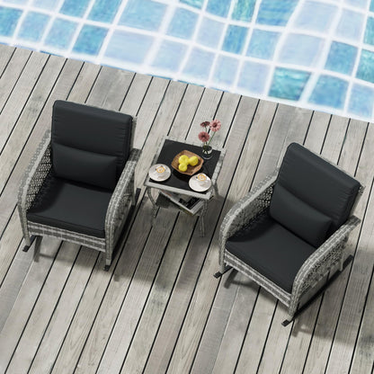 BALDPER 6-Piece Gray Wicker Patio Rocking Chairs Set, Rocking Wicker Bistro Set, Outdoor Furniture Conversation Set with Porch Chairs and Glass Coffee Table, Slate Grey