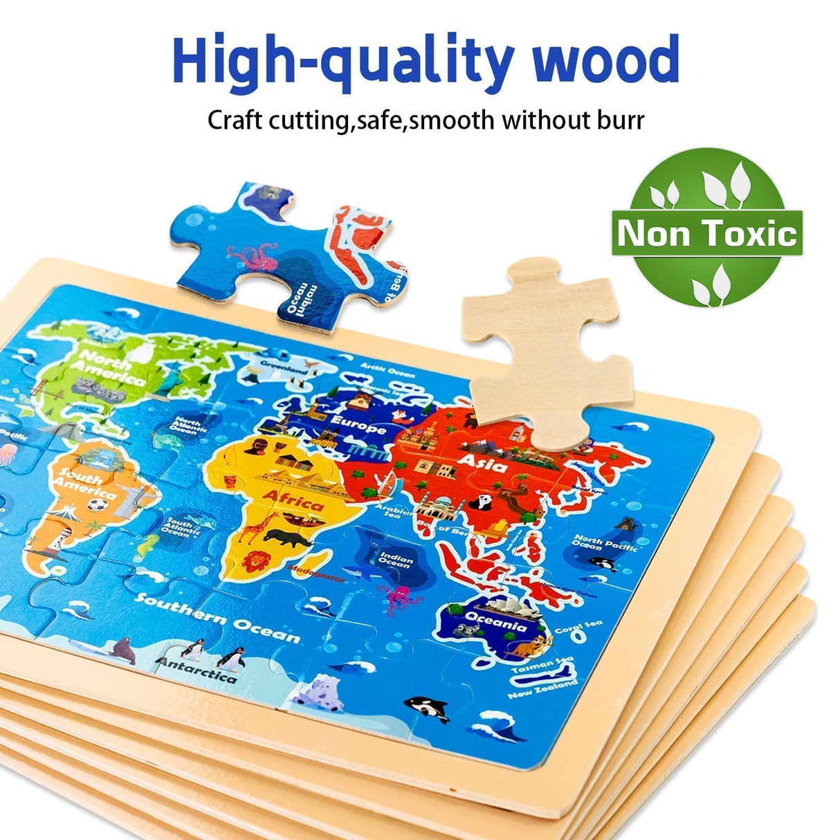 EggSun Wooden Puzzles for Kids Ages 4-6, 6 Packs 24Pcs Solar System States World Map Wooden Puzzles for Kids 3 4 5 6 Year Old, Preschool Educational Brain Toys Gifts for Boys and Girls EggSun
