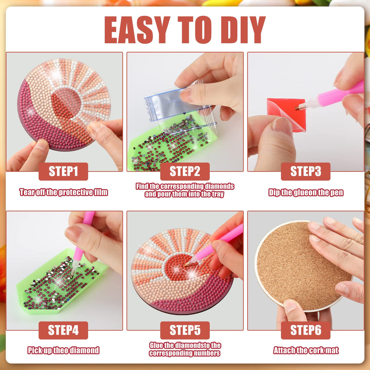 Vesici 8 Pcs Pink Diamond Painting Coasters with Holder Abstract Plants Diamond Art Painting Coasters Boho Art Coaster Kit with Holder DIY Crafts Kits for Adults Beginner Gift Supplies(Pink) Vesici