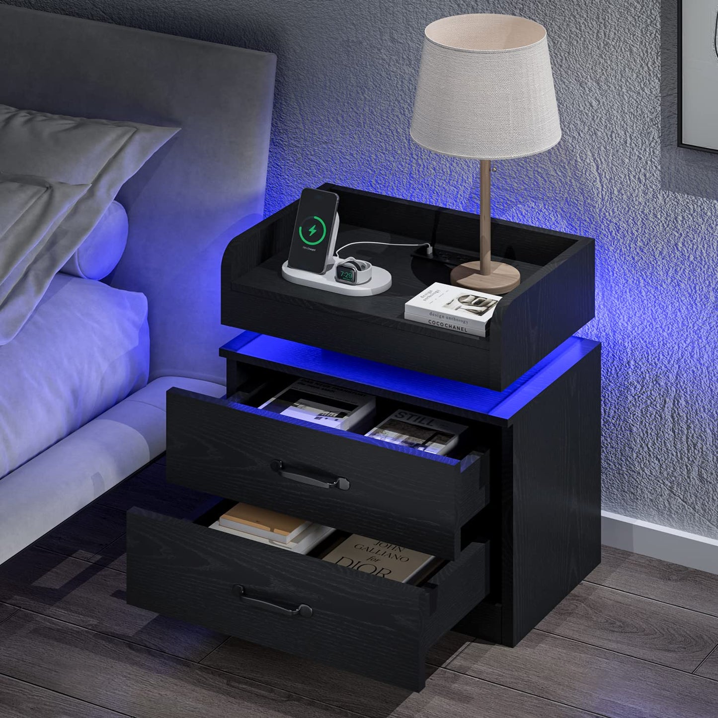 Black Nightstand with Charging Station, Night Stand with LED Lights, Modern Led End Table Nightstand for Bedroom, Bedside Table with 2 Drawers, Bed Side Table with Storage for Living Room - WoodArtSupply