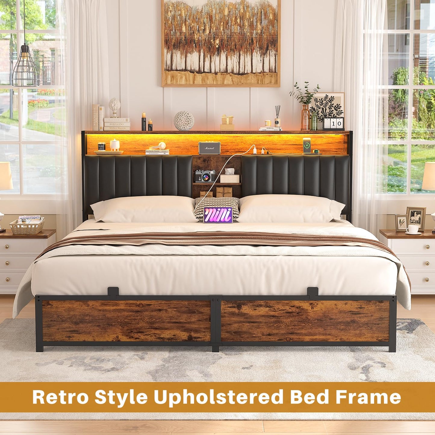 Aheaplus King Size Bed Frame with Charging Station, LED Lights & Leather Headboard in Rustic Brown - WoodArtSupply