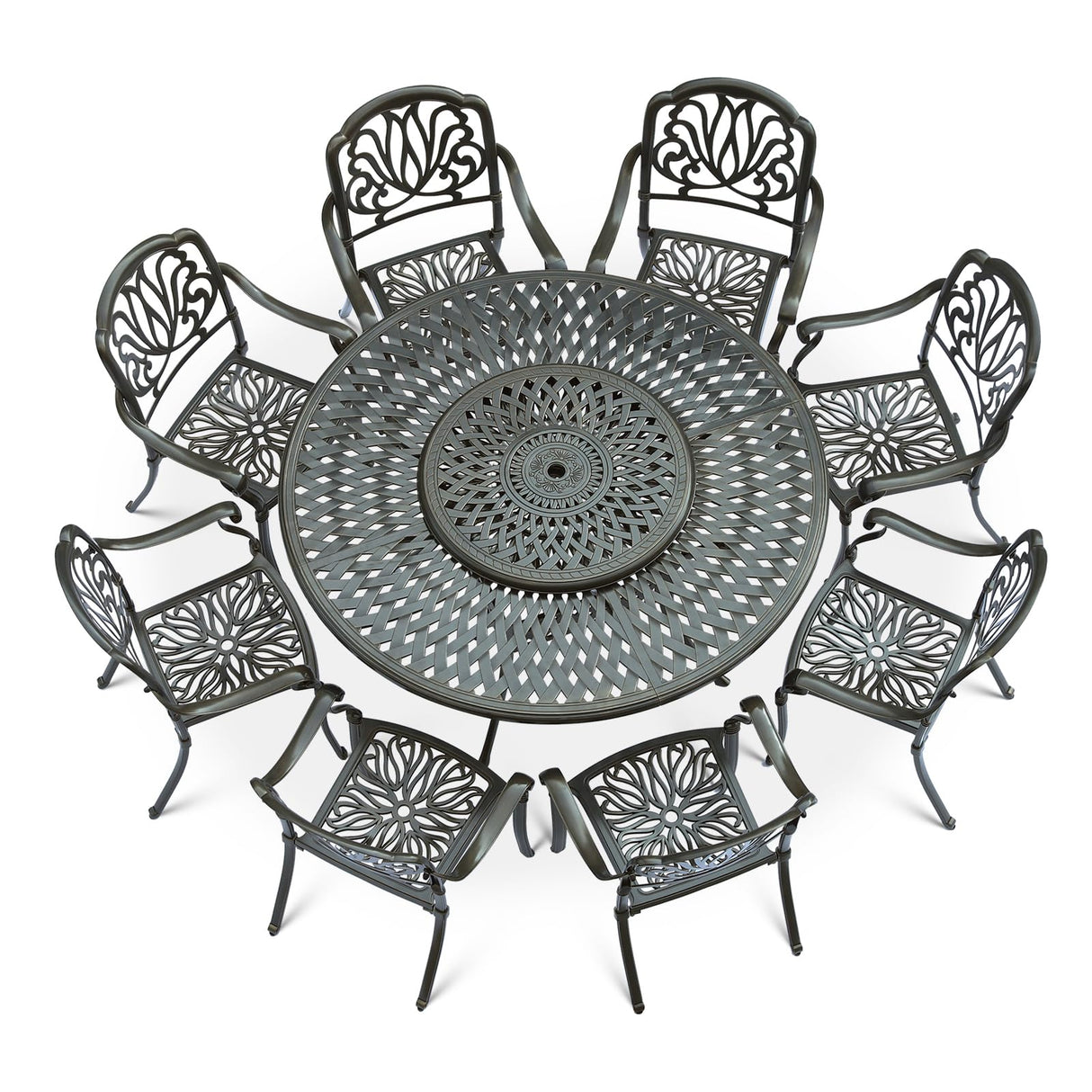 VIVIJASON 9-Piece Patio Furniture Dining Set, Rust-Free Cast Aluminum Outdoor Conversation Set, Include 8 Chairs & 61" Round Dining Table with 31" Lazy Susan, Umbrella Hole for Lawn Garden VIVIJASON