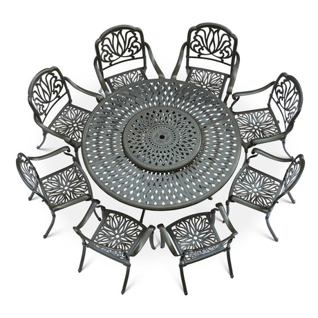 VIVIJASON 9-Piece Patio Furniture Dining Set, Rust-Free Cast Aluminum Outdoor Conversation Set, Include 8 Chairs & 61" Round Dining Table with 31" Lazy Susan, Umbrella Hole for Lawn Garden VIVIJASON