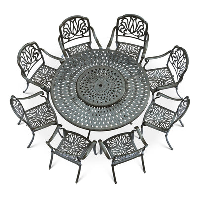 VIVIJASON 9-Piece Patio Furniture Dining Set, Rust-Free Cast Aluminum Outdoor Conversation Set, Include 8 Chairs & 61" Round Dining Table with 31" Lazy Susan, Umbrella Hole for Lawn Garden
