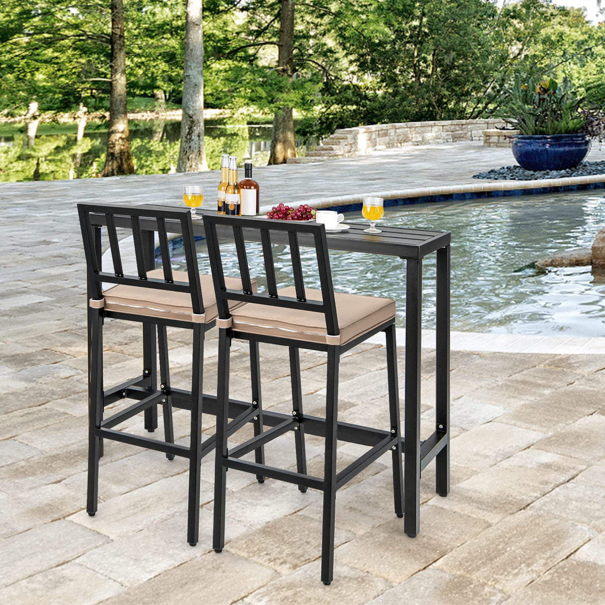 COSTWAY 3 Piece Outdoor Patio Bar Set, 48" Rectangular Pub Height High Top Bar Table with 2 Cushioned Bar Stools, Metal Bar Table and Chairs Set for Balcony, Backyard, Porch COSTWAY