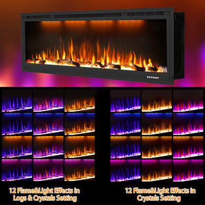 Dreamflame 60 inch Electric Fireplace, Recessed and Wall Mounted Fireplace Heater, 750/1500W Thermostat with Remote Control, Realistic Flame Combinations, Black (60")