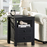 Joaxswe Nightstand with Charging Station and USB Port, Farmhouse Night Stand with 2 Drawers and Shelf Storage, Wooden Side End Table, Bedside Cabinet for Bedroom, Living Room, Closet,Office (Black) Joaxswe