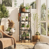 YMYNY 4 Tiers Ladder Bookcase, Industrial Narrow Bookshelf, Open Display Rack with 4 S Hooks, Metal Storage Shelves for Bedroom, Home Office, Living Room, Black, 49.2H*13.4L*11.8W, UHBC024B YMYNY