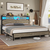 Hasuit Rustic Oak King Size Bed Frame with LED Lights, Charging Station, and Storage Headboard Hasuit