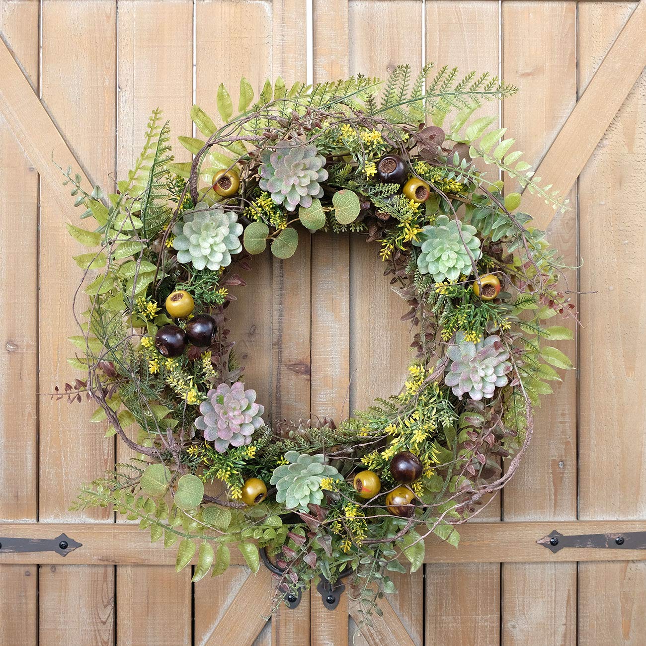 idyllic 22 Inches Christmas Wreath of Assorted Fern Leaves and Succulents Berry, Winter Spring Artificial Wreath for Front Door, Wall, Window, Farmhouse