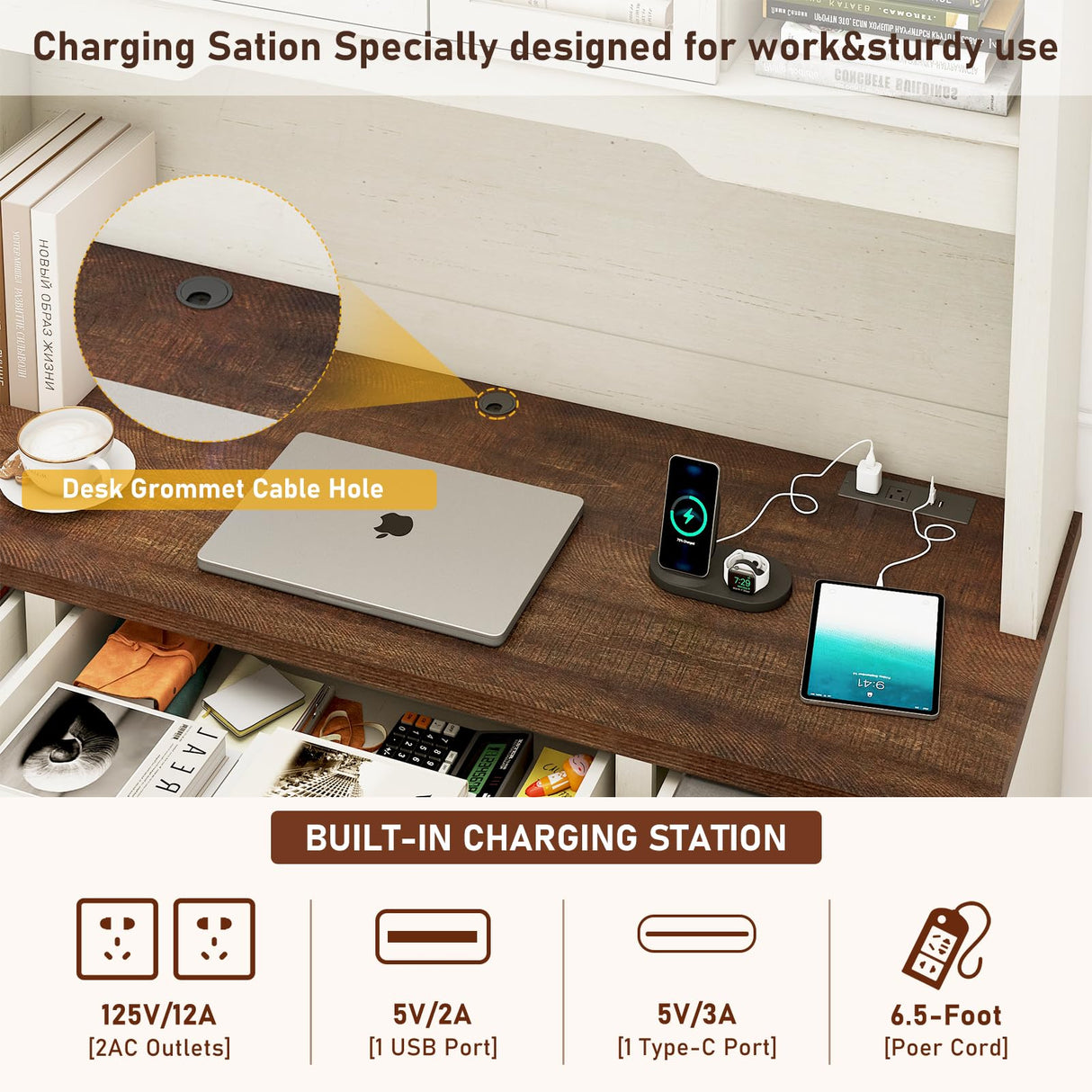 Hlivelood 76" Height Farmhouse Desk with Sliding Door Hutch, Wood Office Executive Workstation Computer Desk with Charging Station, Drawers and Storage Cabinet, for Work, Sturdy, Game, Rustic White Hlivelood