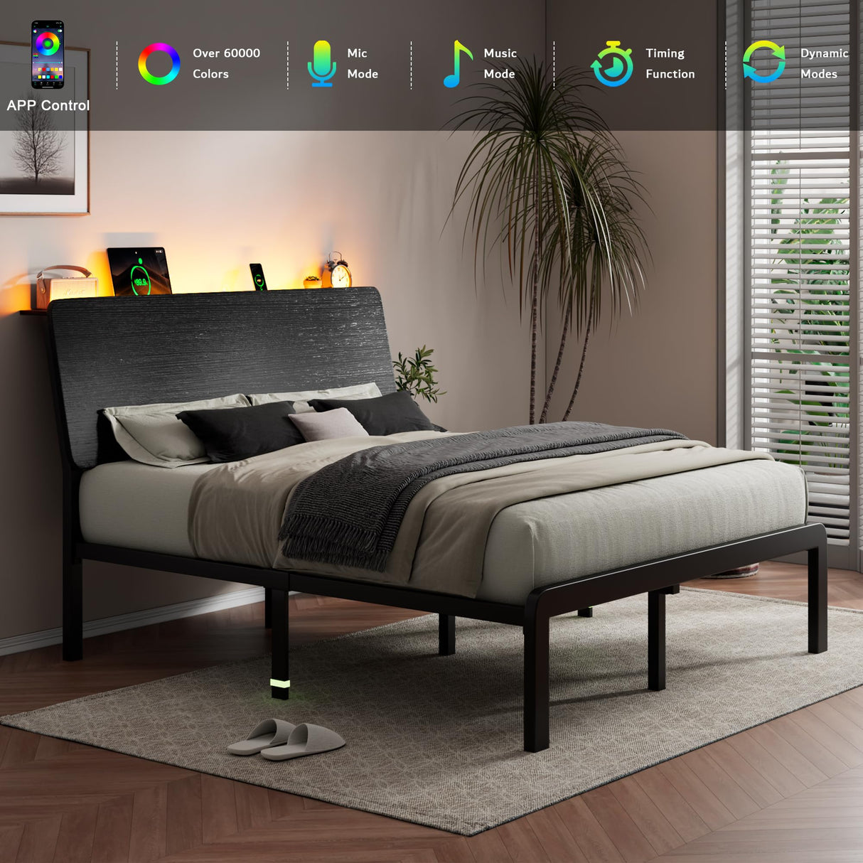 iPormis Full Size Metal Bed Frame with LED Lights & Charging Station, Platform Bed with Ergonomic Storage Headboard, Steel Slats Supports, No Box Spring Needed, Noise-Free, Easy Assembly, Black iPormis