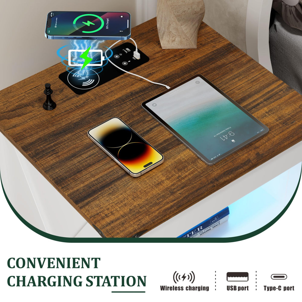 FREDEES Bedside Table set of 2 with Drawers, End Table with Charging Station, LED Night Stand with Human Sensor Light, Rattan Nightstand for Bedroom, White FREDEES