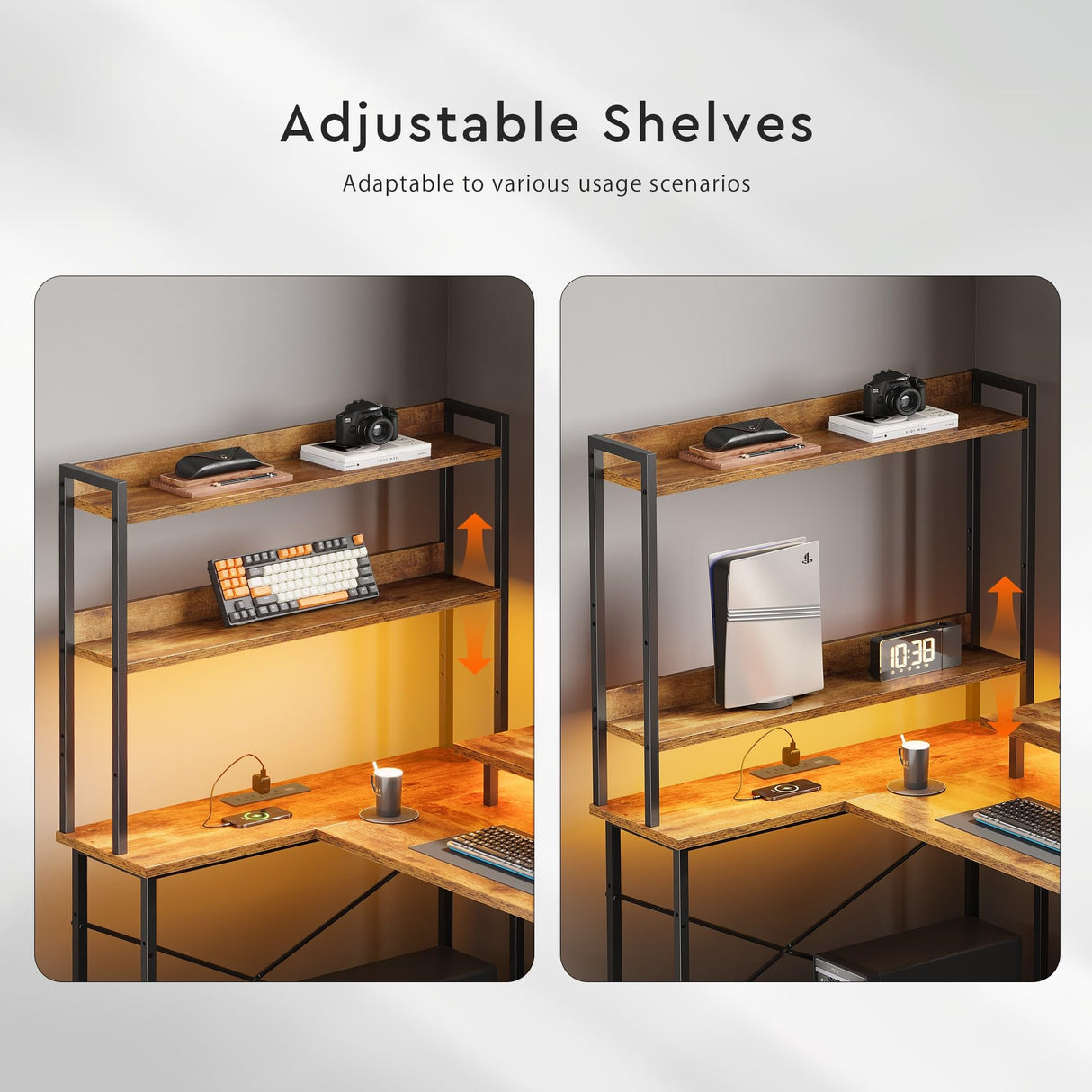 Maihail L Shaped Desk with Shelves,Reversible Computer Desk with LED Lights and Charging Station,Home Office Corner Desk with Monitor Stand,Brown Maihail