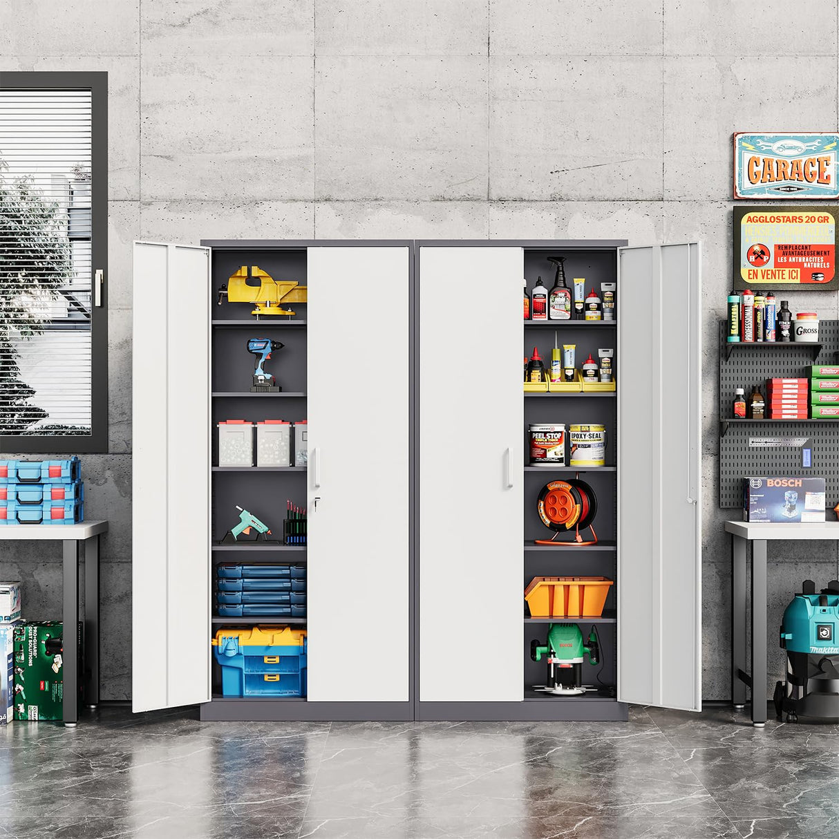 Fesbos Metal Storage Cabinet-72” Tall Steel File Cabinets with Lockable Doors and 5 Adjustable Shelves-Gray&White Steel Storage Cabinet for Home, School, Office, Garage Fesbos