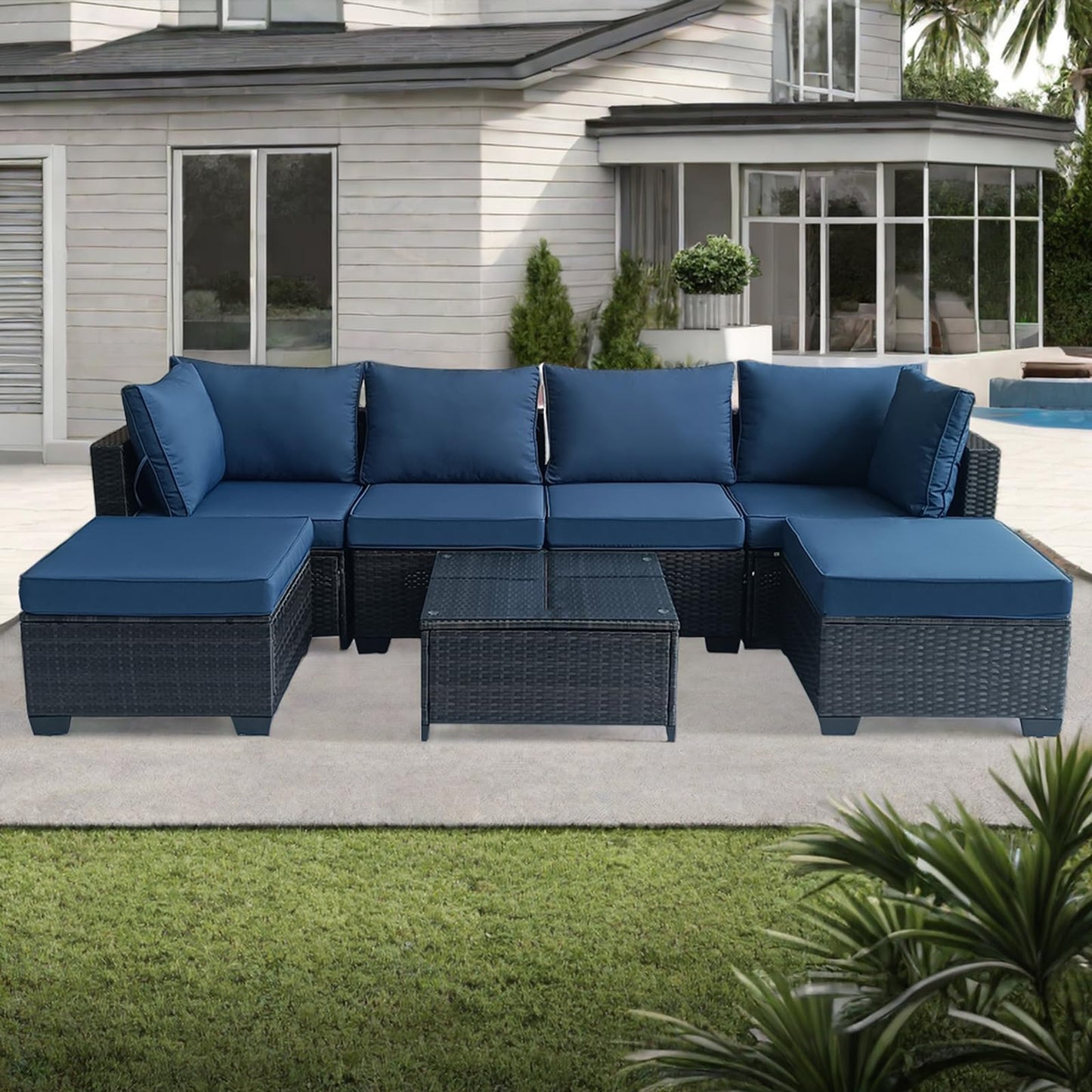 7-Piece Outdoor Furniture Patio Rattan Sectional Set with Wicker Conversation Sofas,Include Cushions, Coffee Table,Easy to Assemble,Perfect for Backyard, Porch, Garden, and Balcony (Brown-Dar - WoodArtSupply