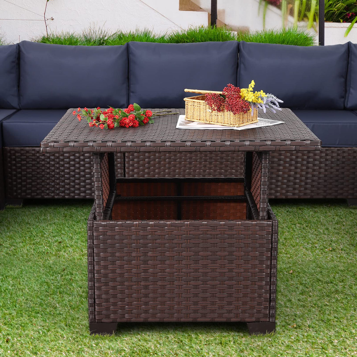 Patio Rattan Coffee Table with Hidden Storage, Wicker Liftable Dinning Table, Versatile Piece of Outdoor Furniture, Brown Lviden
