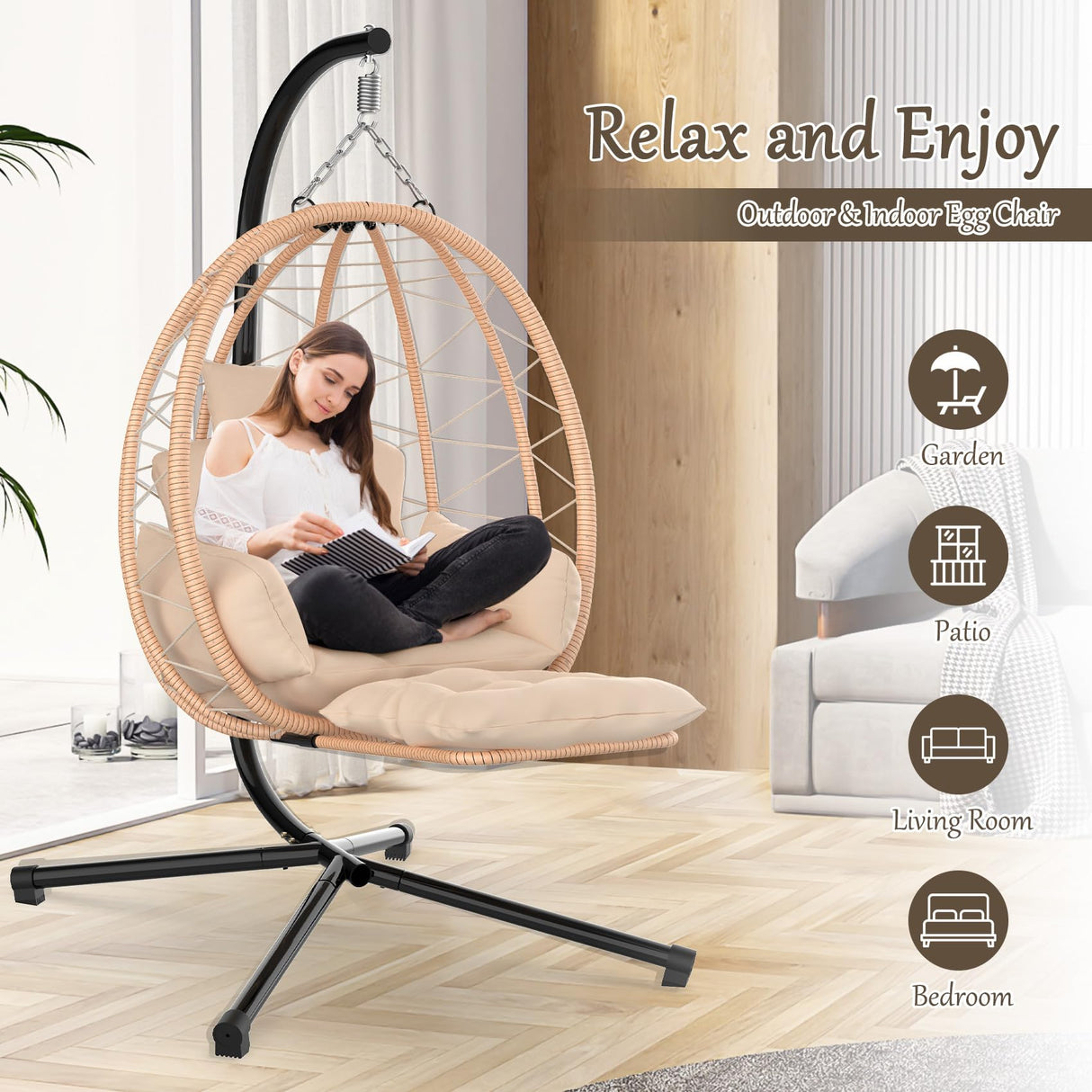 ZENPETIO Heated Hanging Egg Chair with Stand & Leg Rest, Rattan Wicker Swing Chair with UV Resistant Cushion and Pillow, for Indoor Outdoor Bedroom Patio Hanging Basket Chair 370lbs Capacity, Brown ZENPETIO