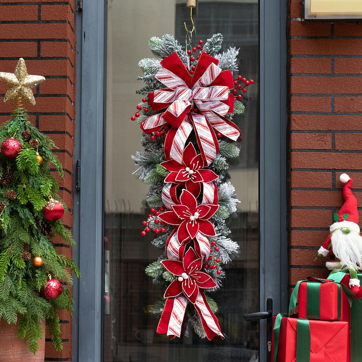 36 Inch Pre-Lit Christmas Teardrop Swag, Soomeir Winter Holiday Swags Wreaths with Red Velvet Glitter Stripe Ribbon, Red Berries for Front Door, Wall Window Fireplace Mailbox Artificial Decor Soomeir