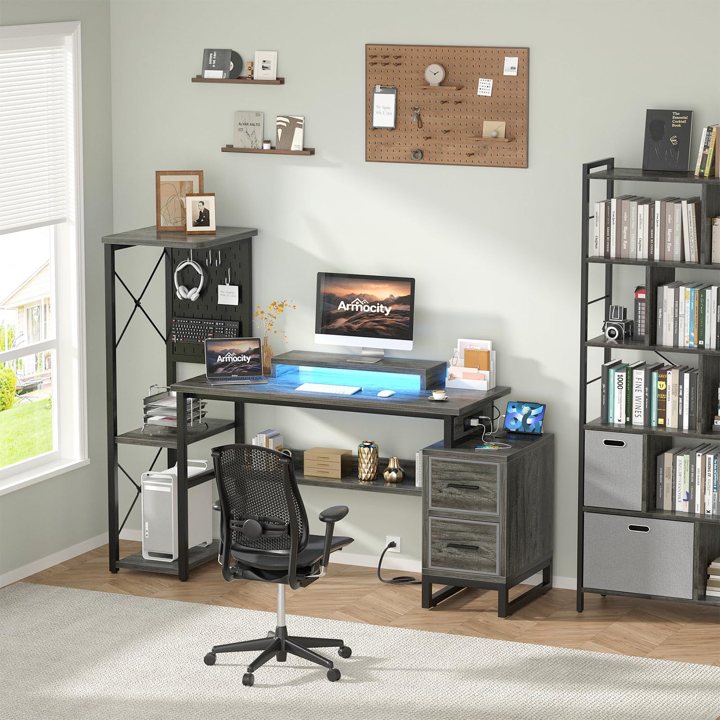 Computer Desk with 2 Fabric Drawers - Reversible Home Office Desk with Power Outlet & LED Lights, 53" Writing Desk with Monitor Stand & Storage Shelves, Gaming Desk Study Table with Pegboard, Grey Oak