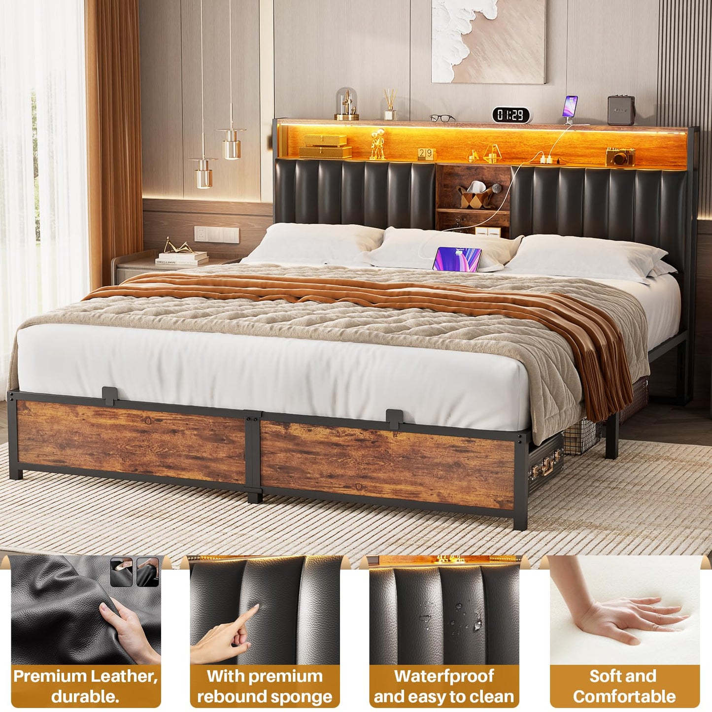 Aheaplus King Size Bed Frame with Charging Station, LED Lights & Leather Headboard in Rustic Brown - WoodArtSupply