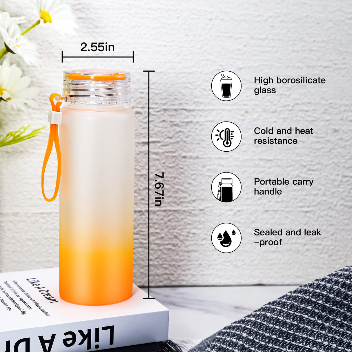 AGH Sublimation Glass Tumblers,16OZ Colored Frosted Glass Cups with Carrying Handle Lid,Different Color Gradient Glass Cups,Suitable for Milk, Soda, Juice, Drinks,Easy to Carry（12 PACK） AGH