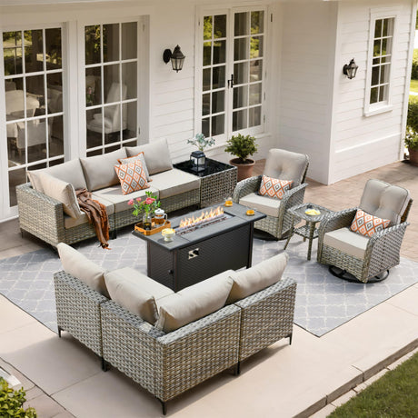 OOBOLT Outdoor Patio Furniture Sets,11 PCS Patio Conversation Set Outside Rattan Sectional Sofa with 54 in Fire Pit Table Wicker Rocking Chair Coffee Table Fit Backyard Porch Garden Poolside Balcony OOBOLT