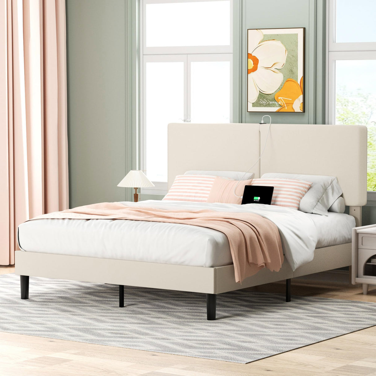 VECELO Queen Bed Frame with Type-C & USB Ports, Upholstered Platform Height-Adjustable Cotton and Linen Headboard, No Box Spring Needed, Noise-Free, Easy Assembly, Beige VECELO
