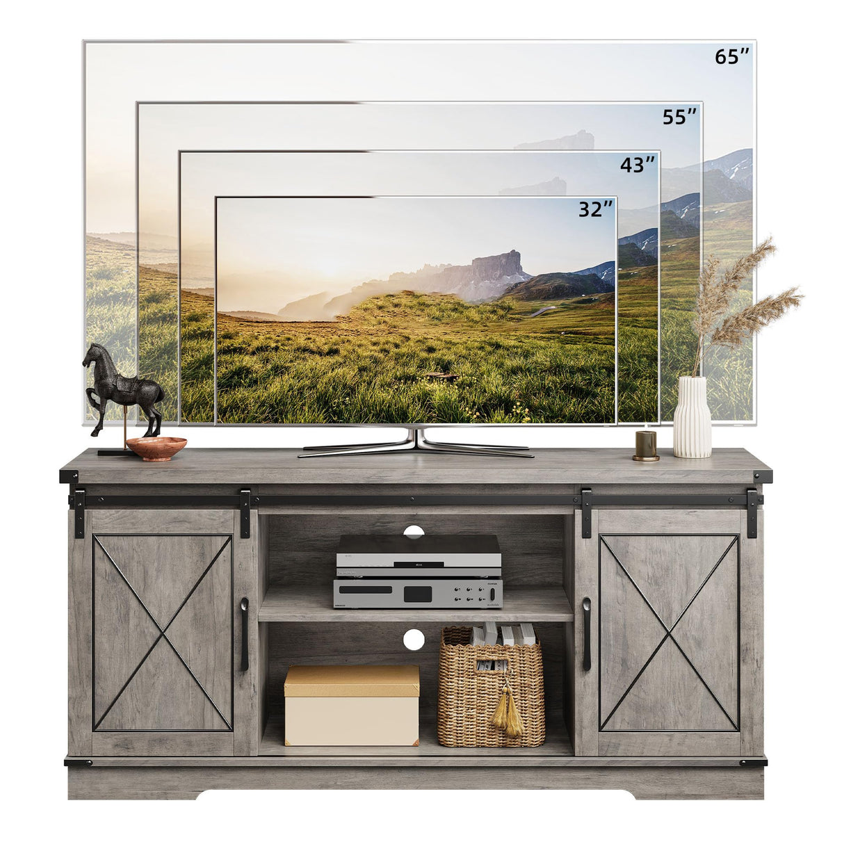 CABIHOME Farmhouse TV Stand and Entertainment Center for TV Up to 65 Inches with Sliding Barn Doors and Adjustable Shelf, TV Media Storage Console Table and Furniture for Living Room, Bedroom, Grey CABIHOME
