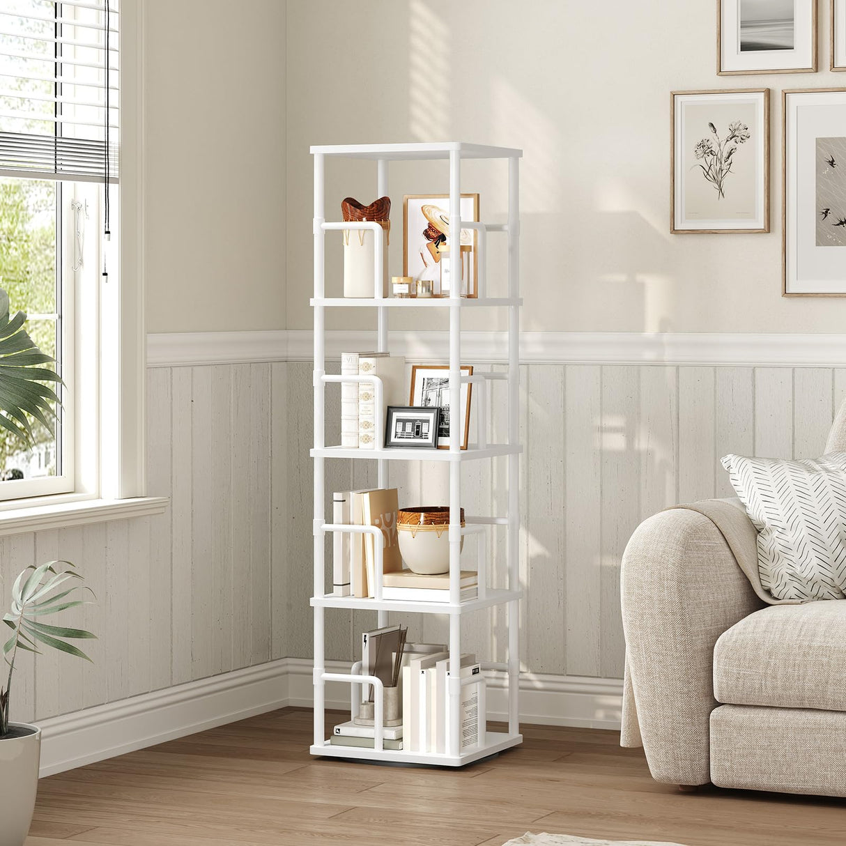 MAHANCRIS 4-Tier Rotating Bookshelf, Freestanding Corner Bookshelf, 360° Spinning Bookcase, Industrial Style Storage Rack with Rails, for Living Room, Bedroom, Study, White BKWT1501 MAHANCRIS